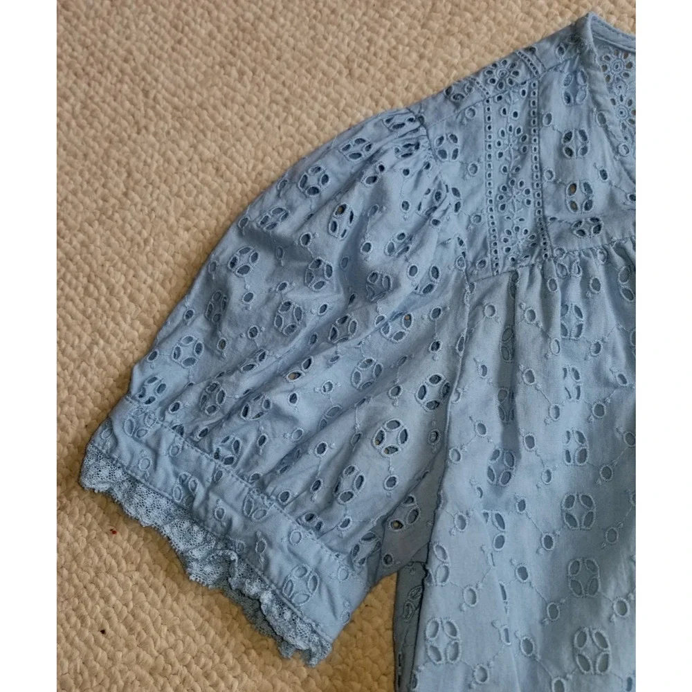 J. Crew Sky Blue Eyelet Cotton Peasant Blouse